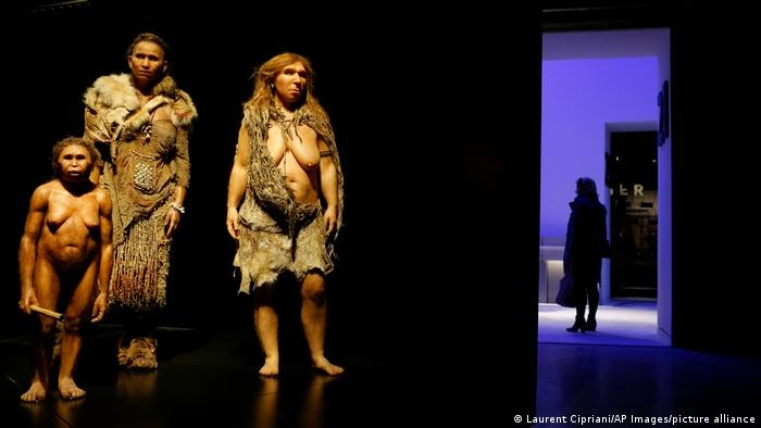 From left, models representing Flores, Homo Sapiens and Neanderthal women stand in the Musee des Confluences, a new science and anthropology museum in Lyon, central France, Thursday, Dec. 18, 2014. The museum which originality and specificity are to link science an society, will be inaugurated this Friday and has been designed by Austrian architect Wolf Dieter Prix